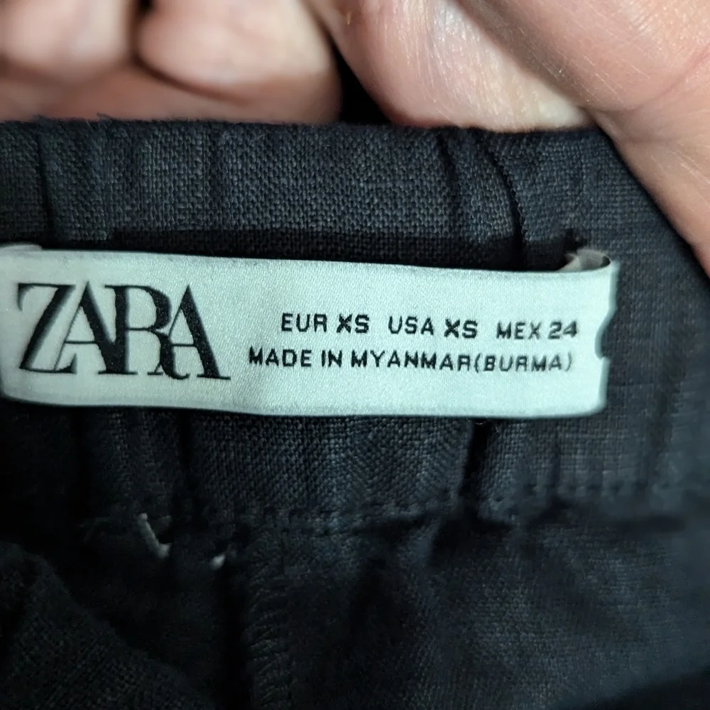 Zara Black 100% Linen Pants XS High Rise Tapered Tie Ankle Minimalist Style